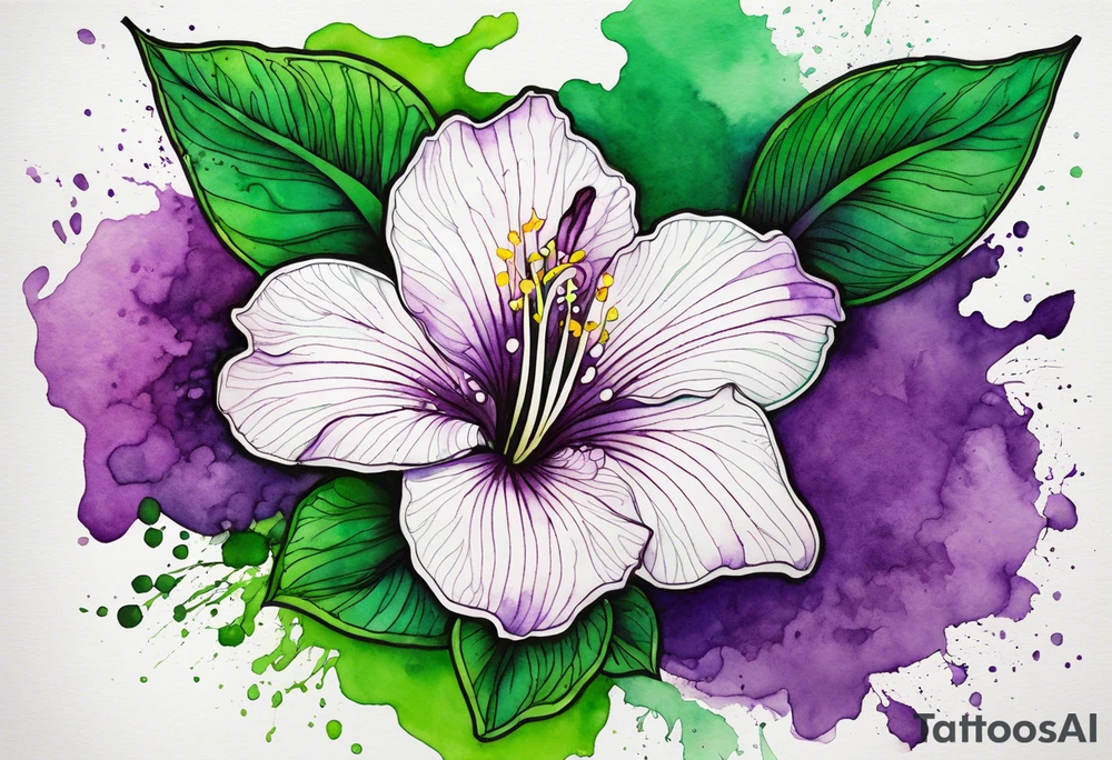 An outline of an only green rio dipladenia flower and a green and purple watercolor splash in the background tattoo idea