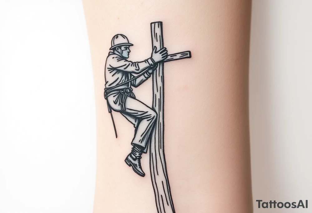 power lineman climbing a wooden 12kv pole. Make the pole a cross that has a hidden resemblance to god. tattoo idea
