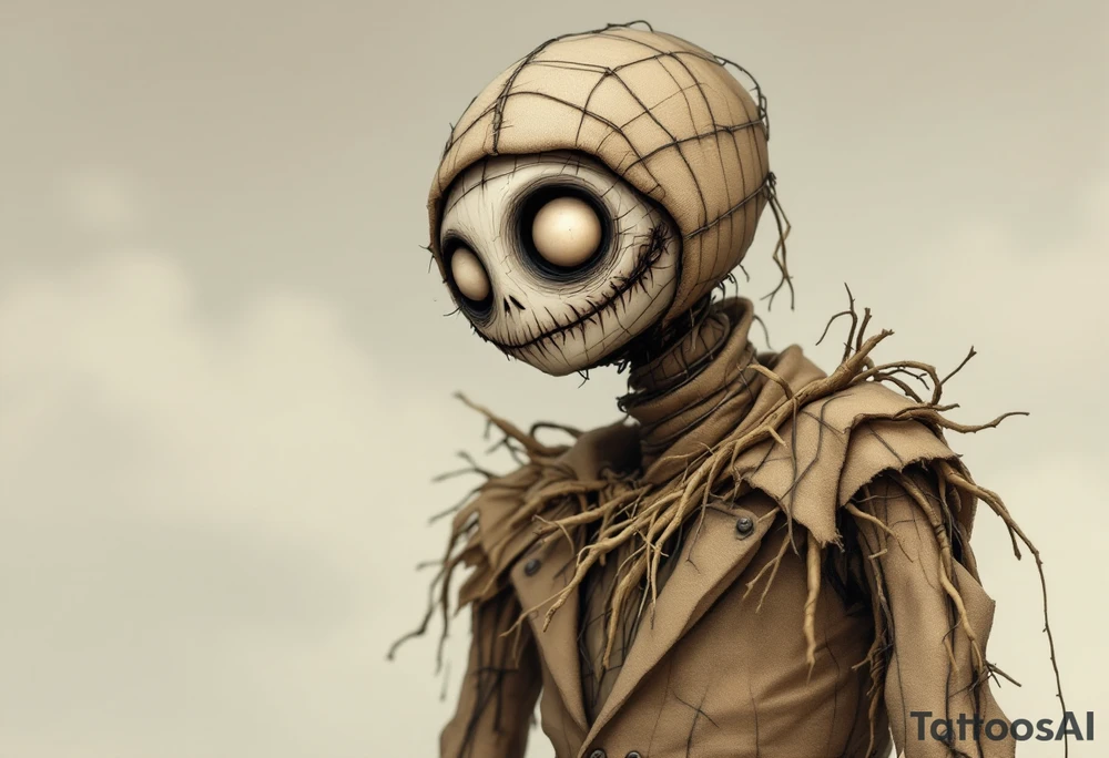 Tim Burton’s eyeless scarecrow sways under a pale gray sky, stitched in burlap brown and bound in crooked wire. tattoo idea