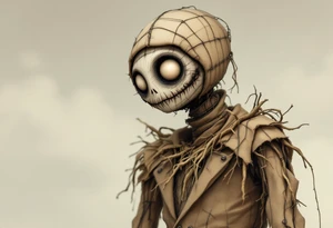 Tim Burton’s eyeless scarecrow sways under a pale gray sky, stitched in burlap brown and bound in crooked wire. tattoo idea