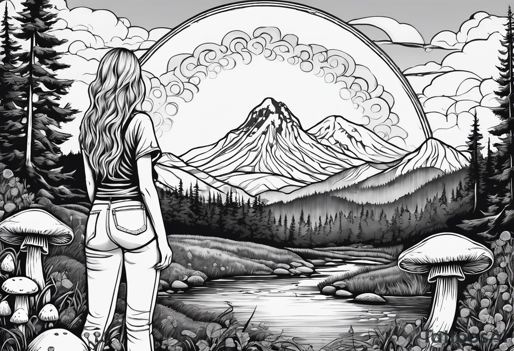Straight long blonde hair hippie girl in distance holding mushrooms in hand facing away toward mountains and creek surrounded by mushrooms tee shirt and hiking pants; whole rendering within a full circle, no cut off circle tattoo idea