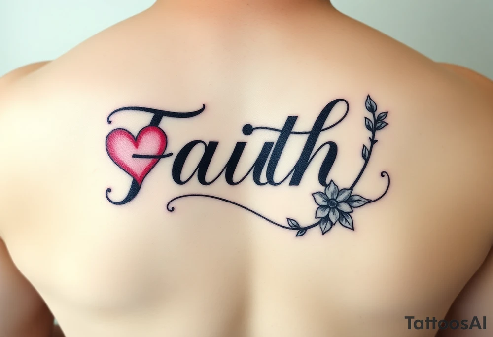 One Script horizontal  word faith  letter I having a pink heart and the t being a cross with an April flower at  that end and a scrolled stem w 2 leaves tattoo idea