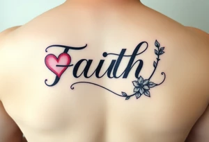 One Script horizontal  word faith  letter I having a pink heart and the t being a cross with an April flower at  that end and a scrolled stem w 2 leaves tattoo idea