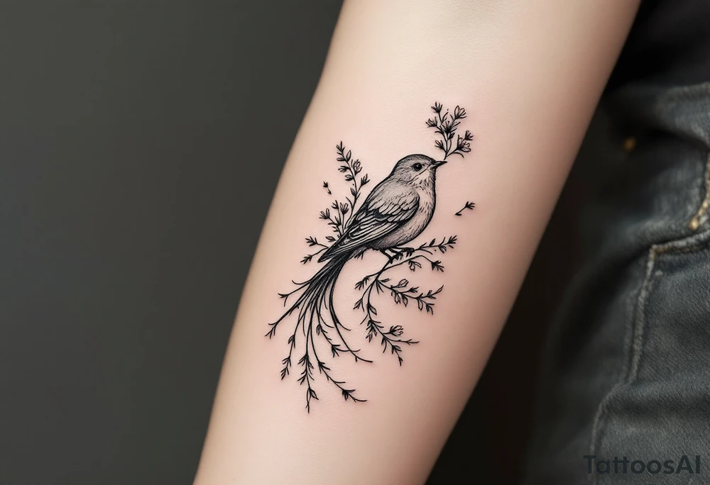 Bird with wildflowers coming out of tail tattoo idea