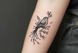 Bird with wildflowers coming out of tail tattoo idea