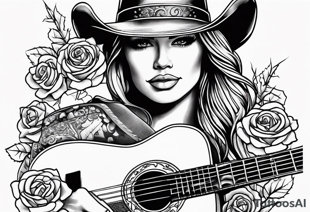Country acoustic guitar with cowboy hat, barbed wire and roses in background tattoo idea
