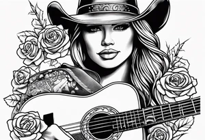Country acoustic guitar with cowboy hat, barbed wire and roses in background tattoo idea