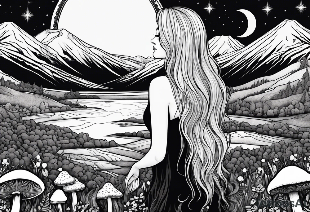 Blonde long straight hair older woman no makeup surrounded by mushrooms facing away mountains crescent moon background tattoo idea