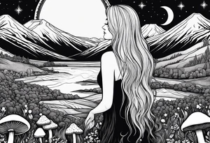 Blonde long straight hair older woman no makeup surrounded by mushrooms facing away mountains crescent moon background tattoo idea