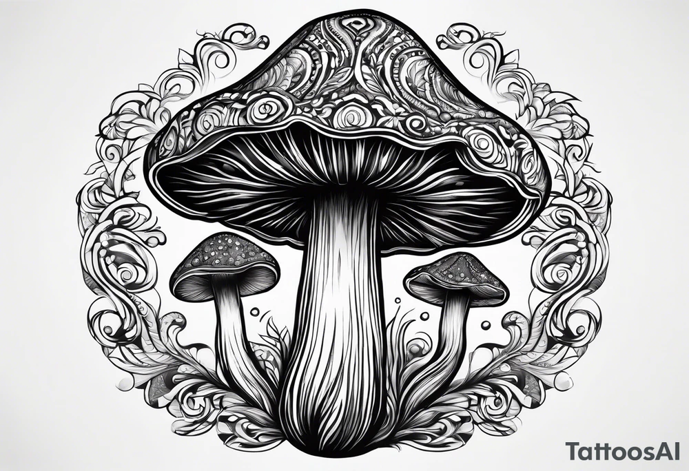 Large Shaggy cap mushroom dripping ink off cap with 4 smaller mushrooms around it mandala henna black tattoo design tattoo idea