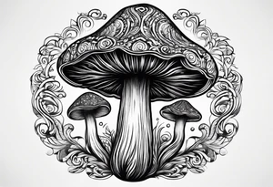 Large Shaggy cap mushroom dripping ink off cap with 4 smaller mushrooms around it mandala henna black tattoo design tattoo idea