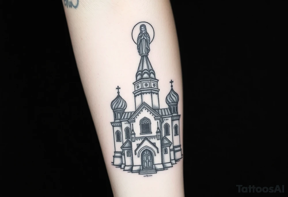 in a dorsal view a detailed medium sized country style russian orthodox church with onion domes and a band at the front with mist shrouding the top and fading into a virgin mary overlooking above at the top tattoo idea
