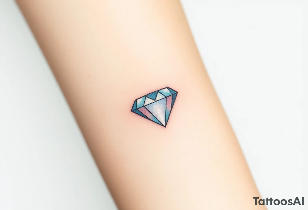 A small, geometric diamond outline with thin black lines, filled with soft gradients of light blue and pale pink, giving the illusion of sparkle and depth. The design is crisp and clean, symbolizing timeless elegance and strength. The colors should be subtle, with the diamond glowing softly in a minimalist style. tattoo idea