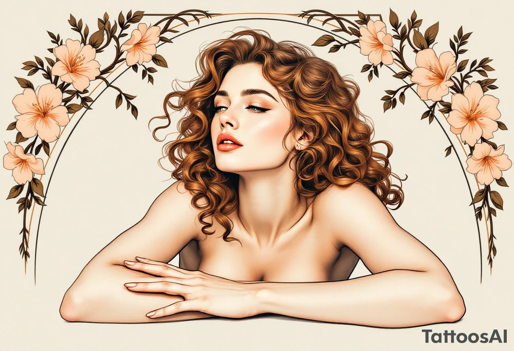 Alfons Mucha’s romantic portrait of a woman with chestnut curls, resting beneath an arched frame of bronze and peach blossoms. tattoo idea