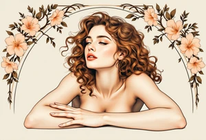 Alfons Mucha’s romantic portrait of a woman with chestnut curls, resting beneath an arched frame of bronze and peach blossoms. tattoo idea
