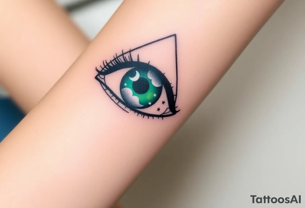 Large almond shaped outline of an eye with an eyeball in the shape of an ace of spades long black eyelashes eyecolored greenish blue vivid colors like green blue purple with a crescent moon stars and clouds inside of the eyeball tattoo idea
