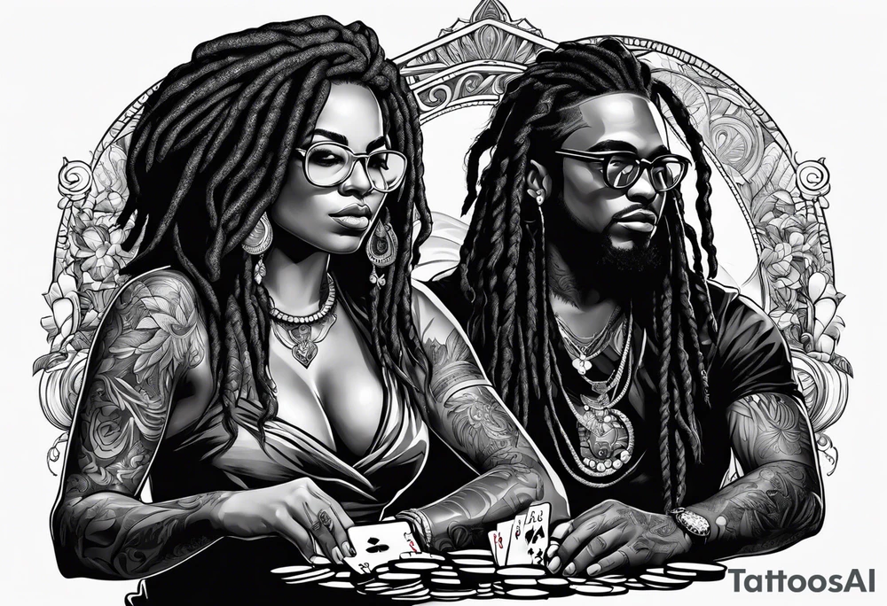 woamn with dread locks and un glasses playing poker tattoo idea