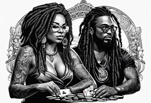 woamn with dread locks and un glasses playing poker tattoo idea