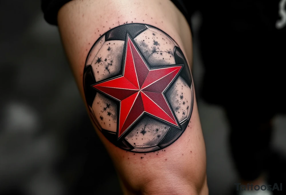 A realistic soccer ball shaded in black and gray, with the red Slavia Praha star boldly overlaying the center. tattoo idea