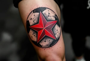 A realistic soccer ball shaded in black and gray, with the red Slavia Praha star boldly overlaying the center. tattoo idea