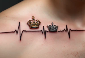 A matching heartbeat line ending in a tiny gold crown for the king and silver tiara for the queen. tattoo idea