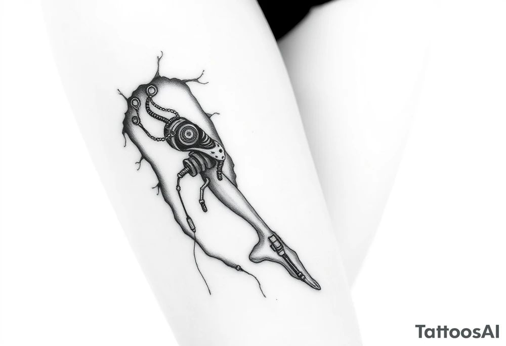 A wound revealing a robotic leg under the skin tattoo idea