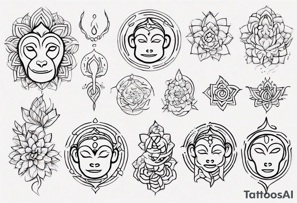 Creat a feminine line art tattoo. Single line. Images include monkey icon, pie icon, the Thai symbol for ten, and the breathe yoga symbol. Put icons in a long single line and keep them separate. Connect with dots and dashes. tattoo idea
