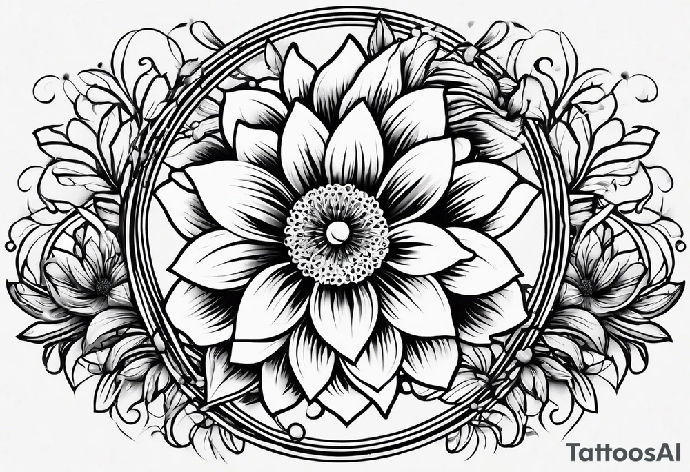 flower tattoo that says “no rain no flowers” and is circular with flowers and leaves trailing from the circle tattoo idea