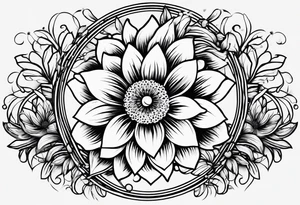flower tattoo that says “no rain no flowers” and is circular with flowers and leaves trailing from the circle tattoo idea