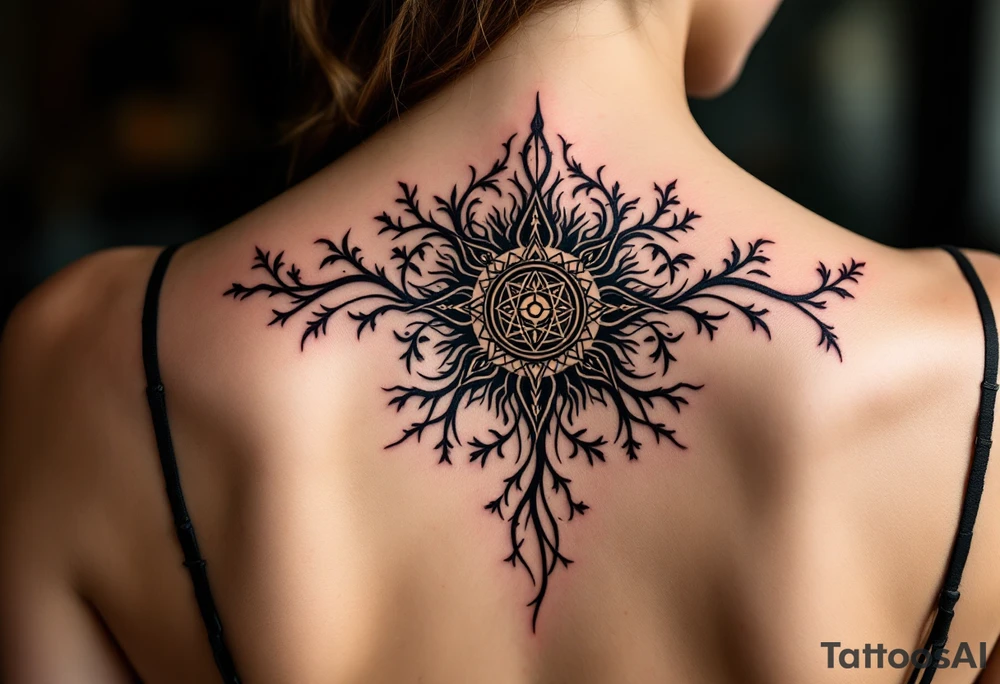 Wrapped in burgundy vines, the black Celtic sun at the center pulses with mystic charm. tattoo idea