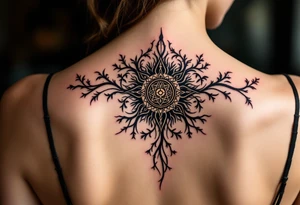 Wrapped in burgundy vines, the black Celtic sun at the center pulses with mystic charm. tattoo idea