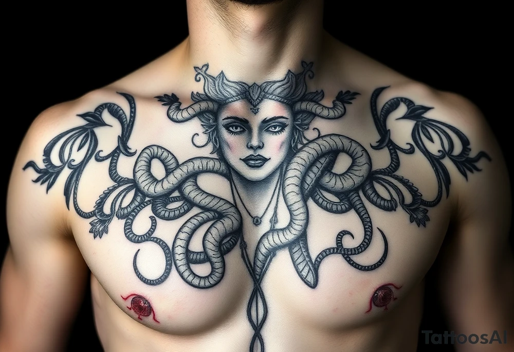 A Beautiful soft feminine sexy Medusa chest peice Black and white with shading fairy like, no harsh lines tattoo idea
