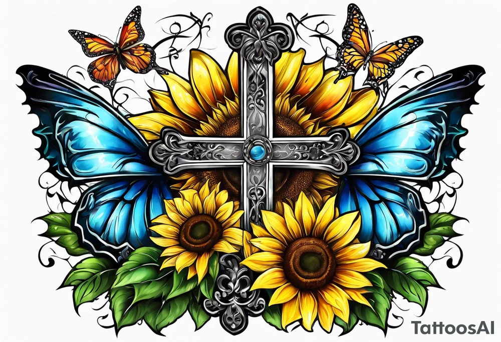 Winged cross with sunflower and butterflies tattoo idea
