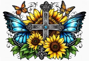 Winged cross with sunflower and butterflies tattoo idea