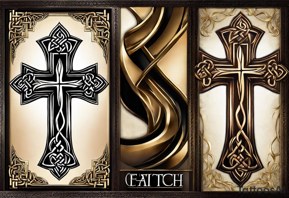 The tattoo features a Christian cross with a sharp lower end firmly planted into the ground. From the base of the cross, intricate roots extend outwards, symbolizing strength, growth, and deep roots in faith. The cross itself is adorned with intricate details, perhaps featuring Celtic or ornate patterns to add depth and texture.

On either side of the cross, two colossal dragon wings spread outwards, enveloping the cross in a protective embrace. The wings are dynamic and detailed, with scales, veins, and fine feather-like structures to convey the power and majesty of the mythical creature.

At the intersection of the cross, where the vertical and horizontal beams meet, there is a mesmerizing eyeball intricately depicted. The eye is detailed with vibrant colors and realistic shading, representing spiritual insight, watchfulness, and divine presence. tattoo idea
