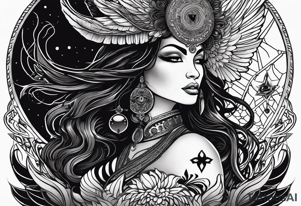 black kali, goddess pirate, alien, angel, pachamama, valkrye, warrior, flying, skull, lotus azul, wing, eagle, zenza resonance, stars, 5D, anahata chakra, death, durga, riding on a tiger, flying lady, kundalini, chest tatoo, rebel tattoo idea