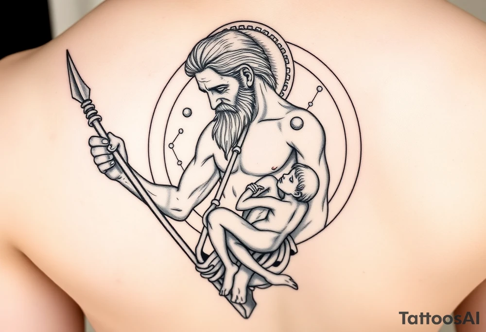 a tattoo design of the Greek God Saturn but older and nearly dying holding his spear looking down using the spear to keep himself upright, in his other arms cradling a twin dying younger version of himself. The gemini constellation is in the background behind the Saturn Gods. Long vertical form as this will be on a thigh - include the planet Saturn rings going round the design tattoo idea