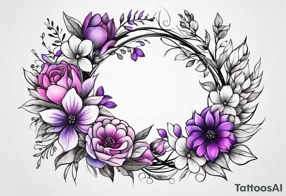 Flower wreath pinks and purples tattoo idea