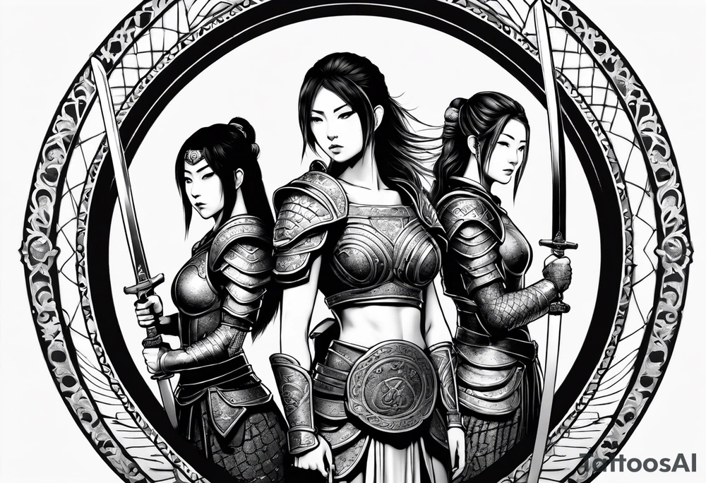 3 female warriors in full body armor wielding dual swords ready for battle, back facing, in front of an enso circle tattoo idea