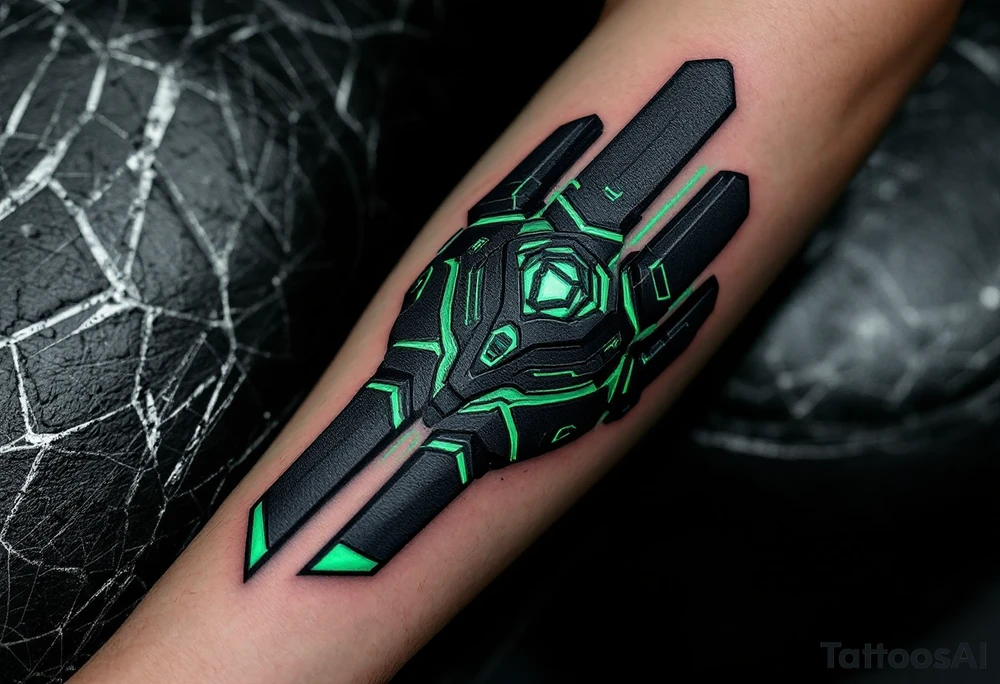 A sleek exo-arm design in carbon fiber black and electric green, with overlapping panels mimicking armor across the fingers. tattoo idea