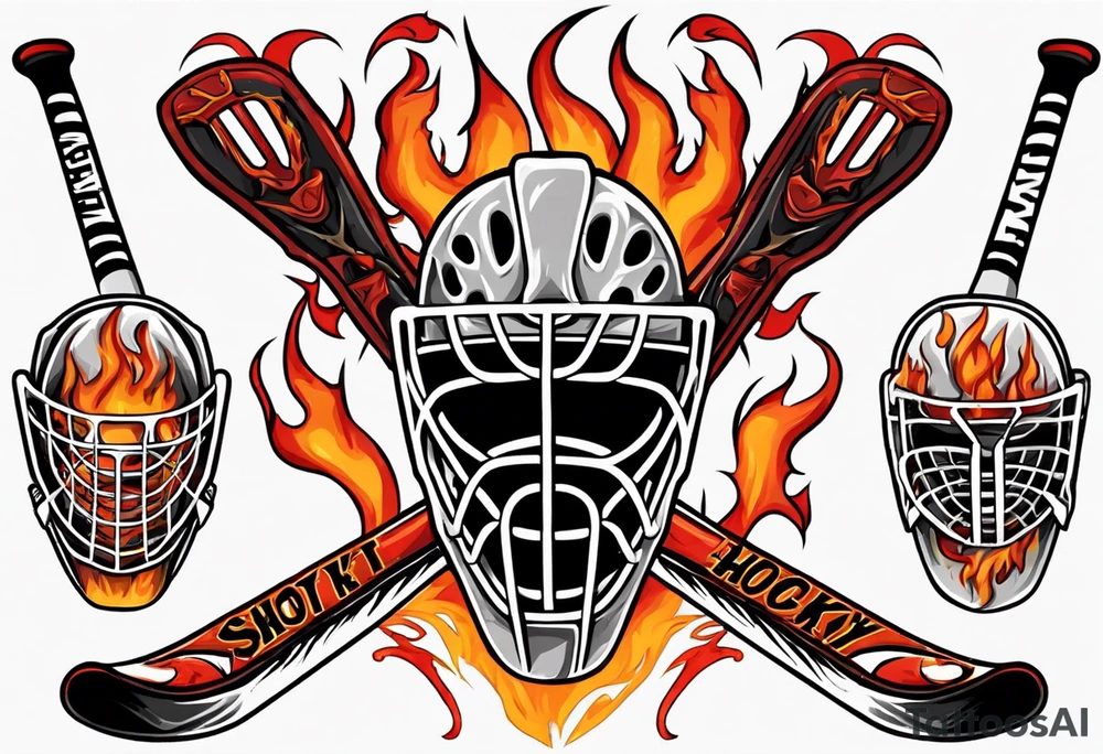 a goalie mask and crossed hockey sticks with flames that says "SHOT HOCKEY" tattoo idea