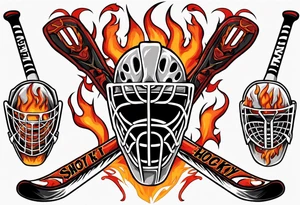 a goalie mask and crossed hockey sticks with flames that says "SHOT HOCKEY" tattoo idea