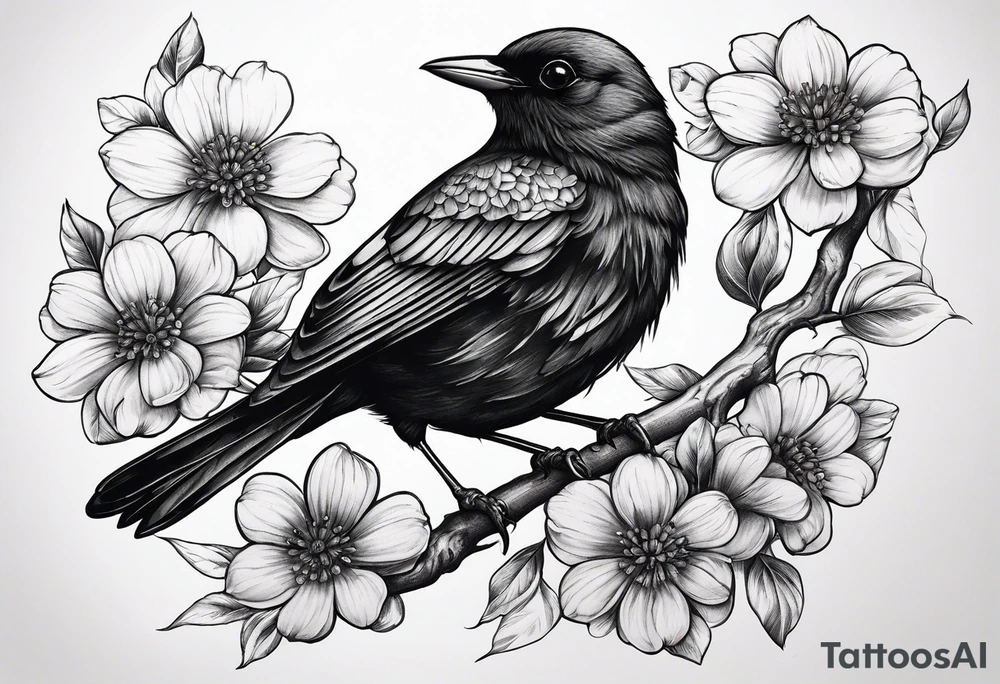 A black bird with its wings up on a branch with flowers tattoo idea