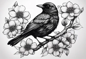 A black bird with its wings up on a branch with flowers tattoo idea