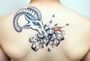 Capricorn ram breaking an unbreakable diamonds that has fragments of rainbow coming of the diamond pieces tattoo idea