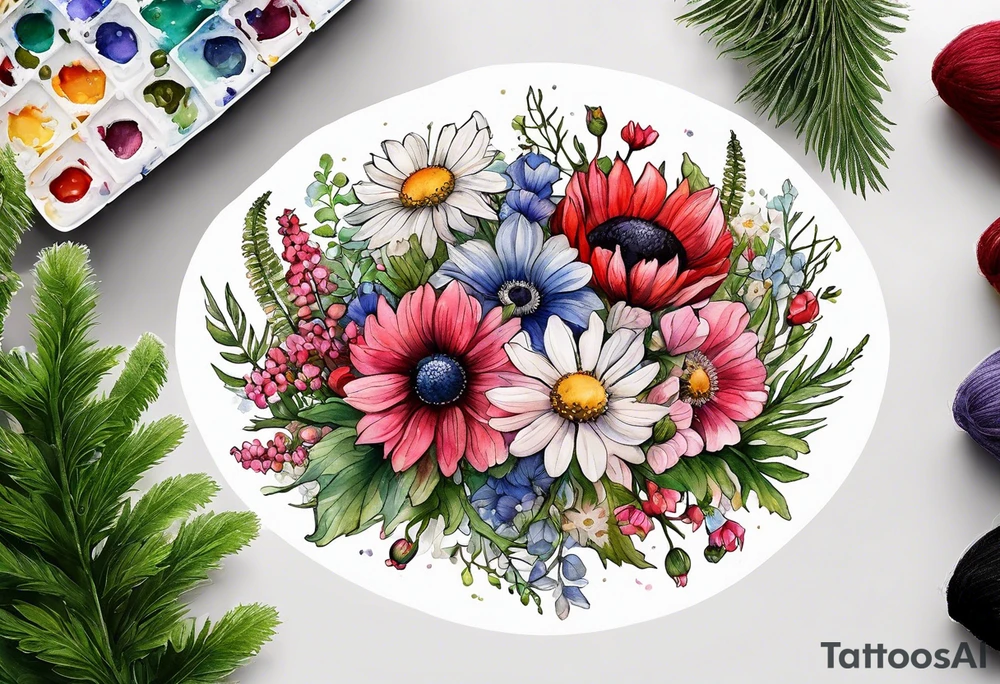 an oval of wildflowers cascading with thistles, ferns, white anemones, sun flowers, buttercups, pink flowers, red flowers, babys breath and daisies all in watercolor tattoo idea