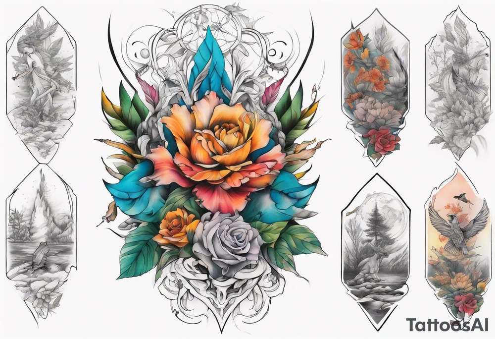 Full Back tattoo fine line with nature and some
Colors tattoo idea