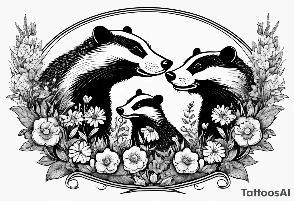 Trippy, pair of badger siblings in a field of flowers smoking a joint tattoo idea