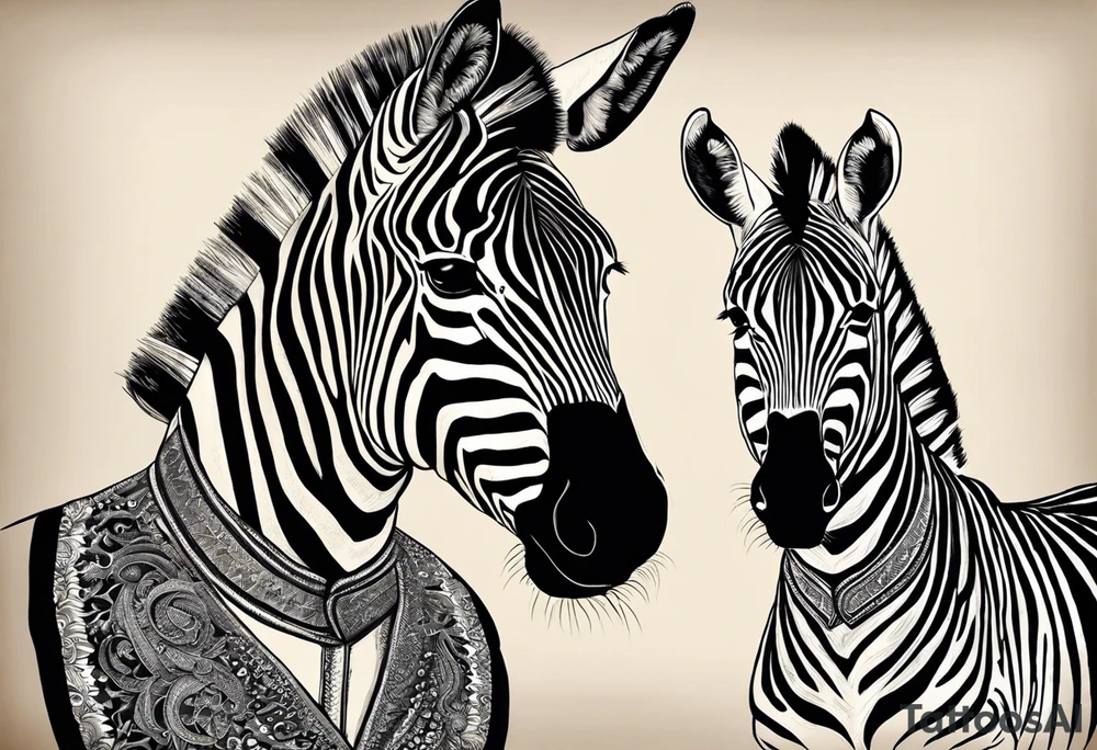 Portrait of a zebra wearing regal clothing, vintage looking, but its main is coloured brightly the same as autism awareness. I want the zebra too almost look human and to be bursting out of a jigsaw piece tattoo idea