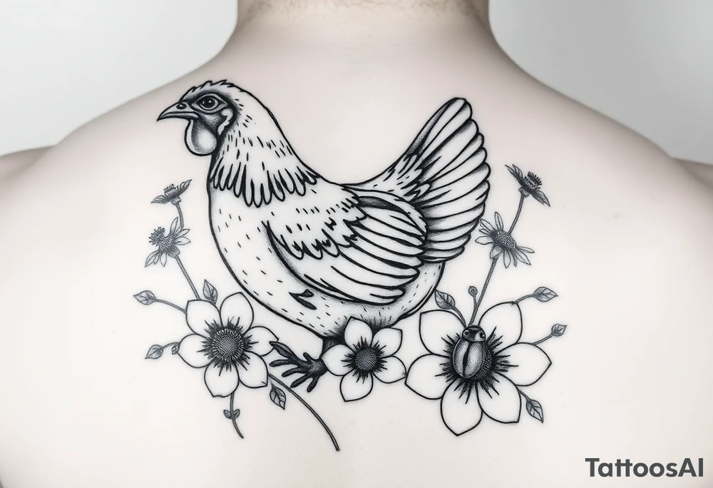 A chicken surrounded by wildflowers with ladybug on flowers petal tattoo idea